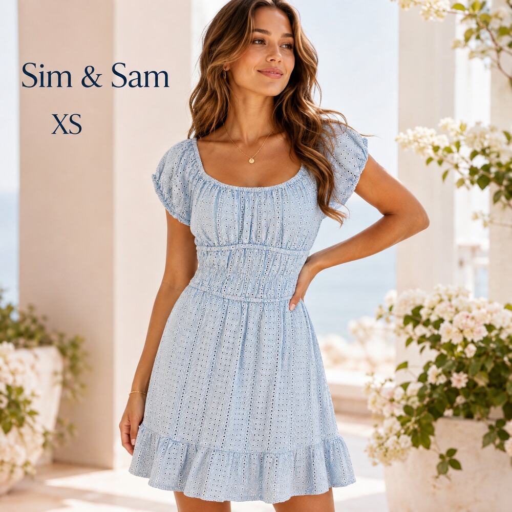 Sim & Sam XS Blue Eyelet Puff Sleeve Mini Dress Cottagecore Milkmaid Smocked